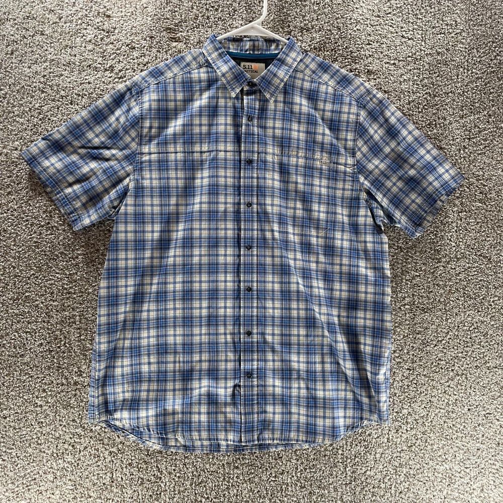 5.11 Tactical Shirt Mens Large Blue White Plaid Short Sleeve Button Up Casual